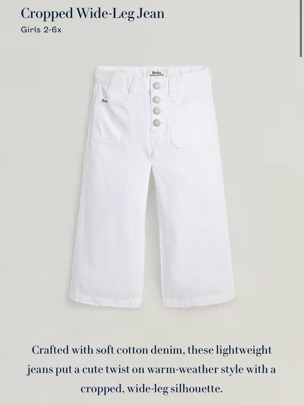 Polo by Ralph Lauren White Girls' Cropped Wide-Leg Jeans